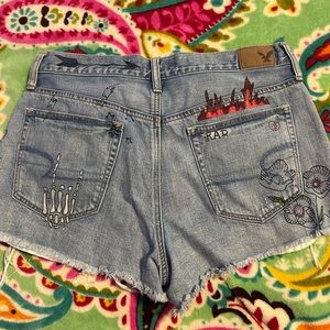American Eagle Outfitters Light Blue Denim Shorts with Hand-Drawn Pocket Art